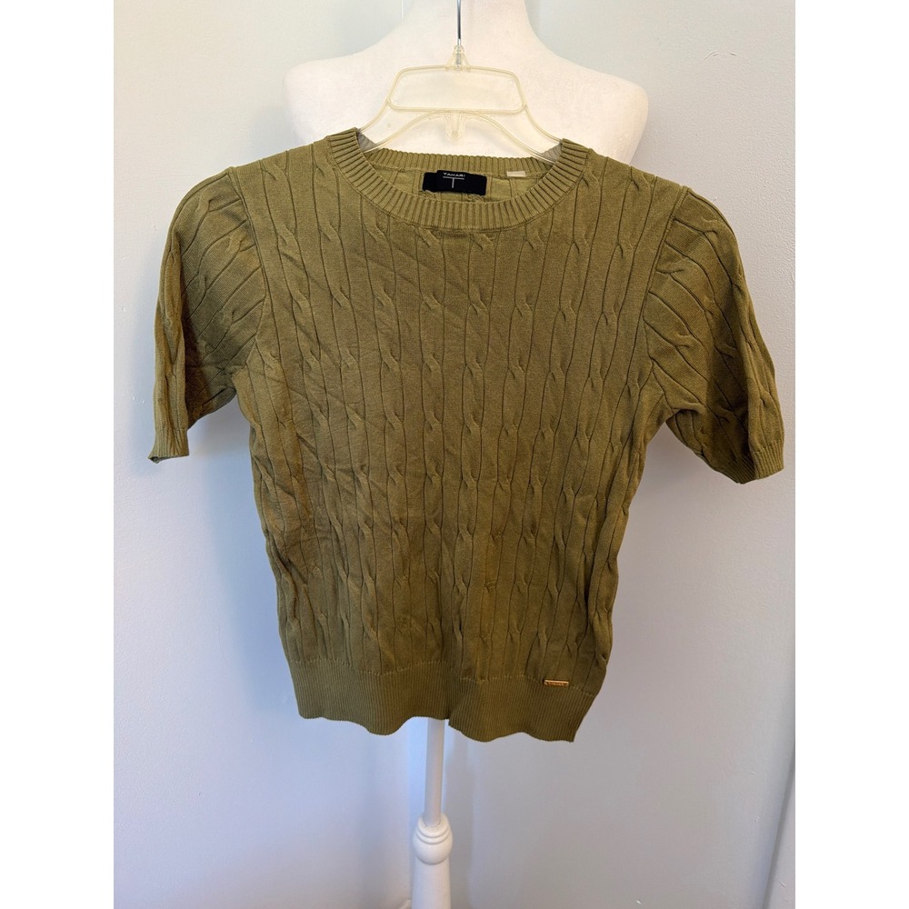 Tahari T Olive Green Cable Knit Short Sleeve Sweater Medium RN 93178